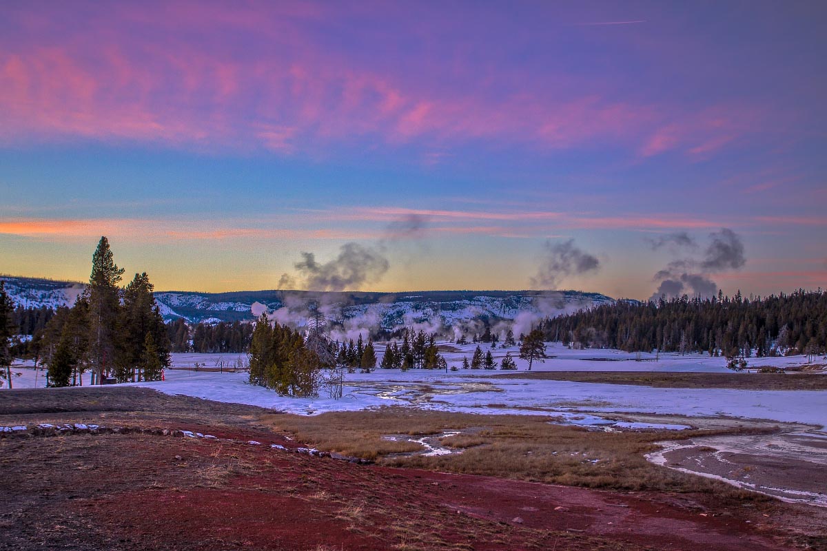 Upper Geyser Basin sunset Yellowstone Wyoming