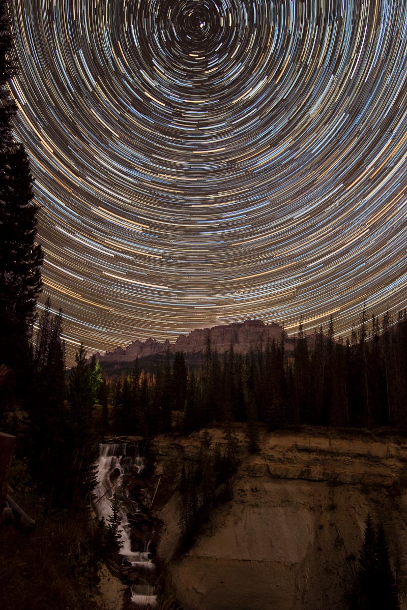 Brooks Creek Falls star trails Wyoming